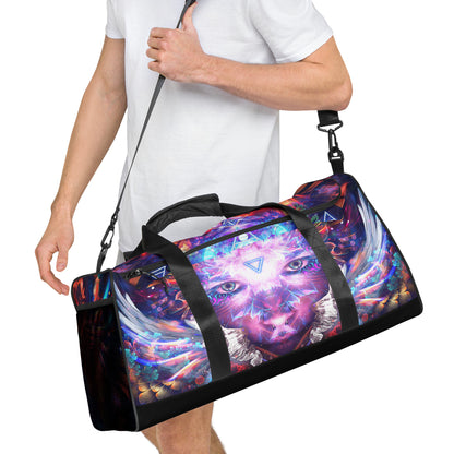Another right-front angle of the Lapis Philosophorum duffle bag showing the T-piping seam.