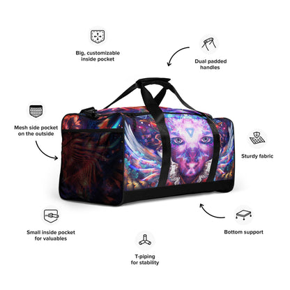 Right-front angle of the Lapis Philosophorum duffle bag showing the padded carry handles.