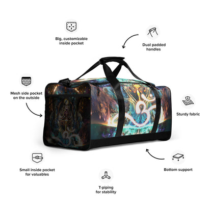 Right-front close angle of the Density 432 duffle bag print.