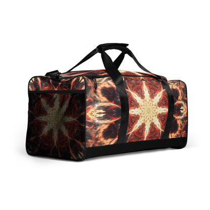 Right-front close angle of the Muladhara duffle bag print.