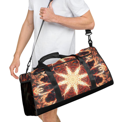 Right-front view of the Muladhara duffle bag showing the mesh side pocket.
