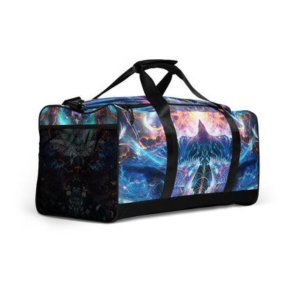 Right-front close angle of the Soul Seeker duffle bag print.