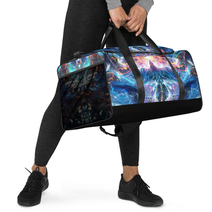 Right-front view of the Soul Seeker duffle bag showing the mesh side pocket.