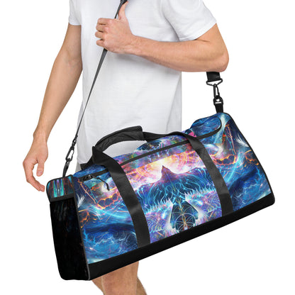 Another right-front angle of the Soul Seeker duffle bag showing the T-piping seam.