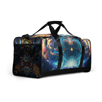 Right-front view of the Polaris duffle bag showing the mesh side pocket.
