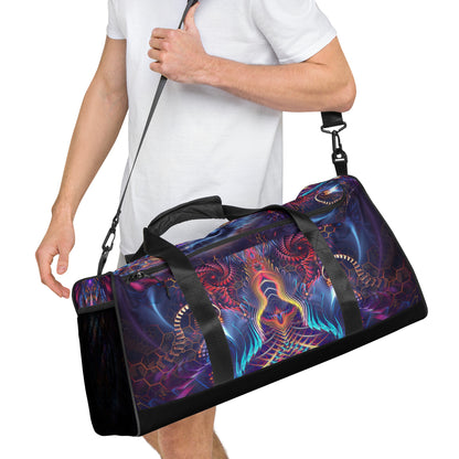 Another right-front angle of the Empurrress duffle bag showing the T-piping seam.