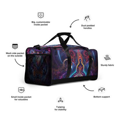 Right-front close angle of the Empurrress duffle bag print.