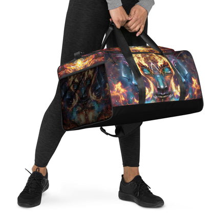 Right-front view of the Wanderers duffle bag showing the mesh side pocket.