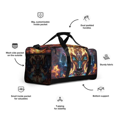 Right-front close angle of the Wanderers duffle bag print.