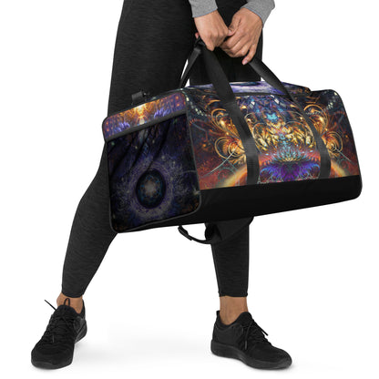 Right-front view of the Immortal Truth duffle bag showing the mesh side pocket.