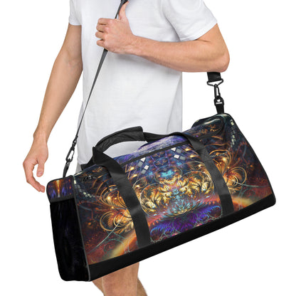 Right-front close angle of the Immortal Truth duffle bag print.