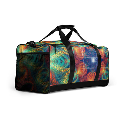 Right-front angle of the 'Free Your Mind Fibonacci' duffle bag showing the all-over-print design.