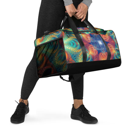 Another right-front view of the 'Free Your Mind Fibonacci' duffle bag with its psychedelic artwork.