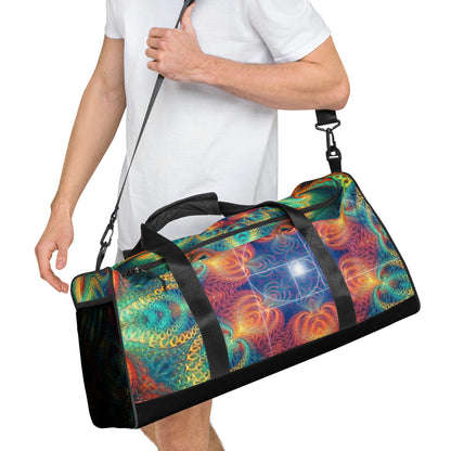 Right-front angle of the 'Free Your Mind Fibonacci' duffle bag, all-over-print pattern visible.