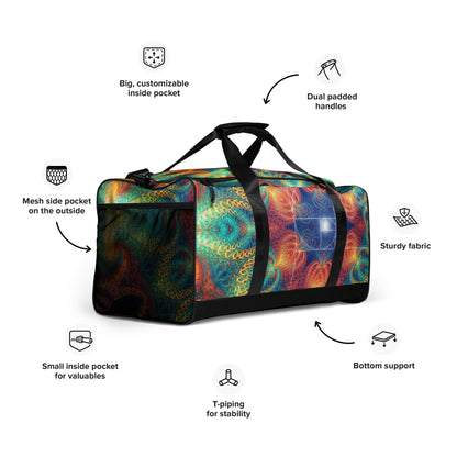 Front view from the right of the 'Free Your Mind Fibonacci' duffle bag with psychedelic all-over-print artwork.
