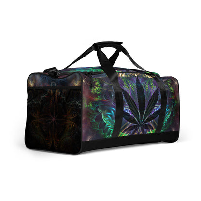 Right-front angle of the 'Heightened Stroll' duffle bag showing the all-over-print design.