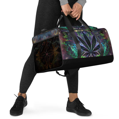 Another right-front view of the 'Heightened Stroll' duffle bag with its psychedelic artwork.