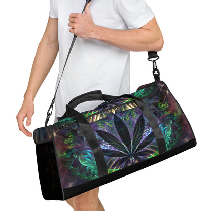 Right-front angle of the 'Heightened Stroll' duffle bag, all-over-print pattern visible.