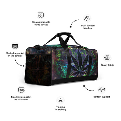 Front view from the right of the 'Heightened Stroll' duffle bag with psychedelic all-over-print artwork.