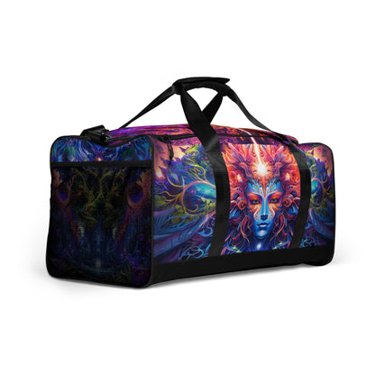 Right-front angled view of the 'Sacred Vine' duffle bag showing its all-over-print artwork.