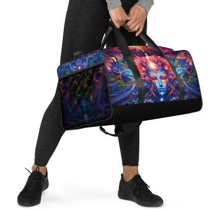 Another right-front view of the 'Sacred Vine' duffle bag highlighting its psychedelic print.