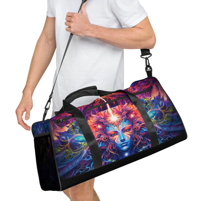 Right-front three-quarter view of the 'Sacred Vine' duffle bag and its all-over-print design.