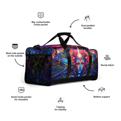 Right-front close view of the 'Sacred Vine' duffle bag showing the visionary art print.