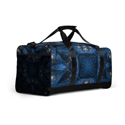 Right-front angle of the 'Inner Sanctum' duffle bag showing the all-over-print design.