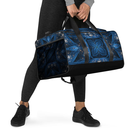 Another right-front view of the 'Inner Sanctum' duffle bag with its psychedelic artwork.