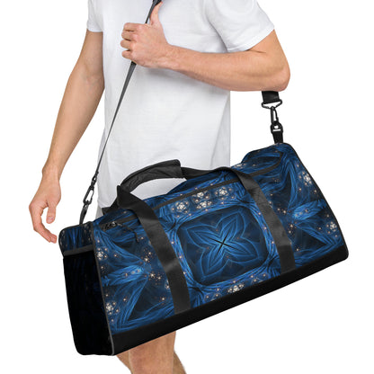 Right-front angle of the 'Inner Sanctum' duffle bag, all-over-print pattern visible.