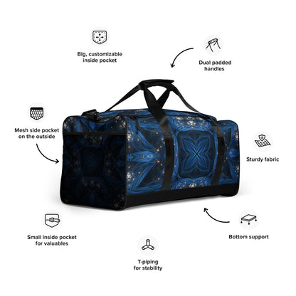 Front view from the right of the 'Inner Sanctum' duffle bag with psychedelic all-over-print artwork.