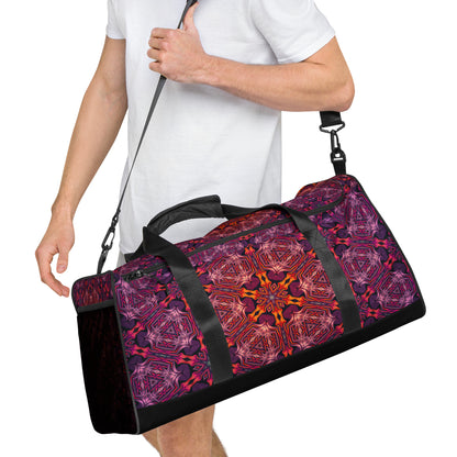 Right-front close view of the 'Forged In Neon' duffle bag showing the neon psychedelic print.
