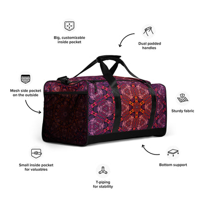 Right-front angled view of the 'Forged In Neon' duffle bag showing its neon psychedelic print.