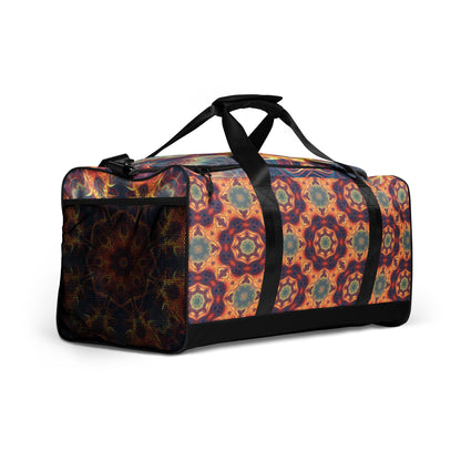Right-angle front view of the 'Aquatic Rays' duffle bag showing the all-over-print artwork.