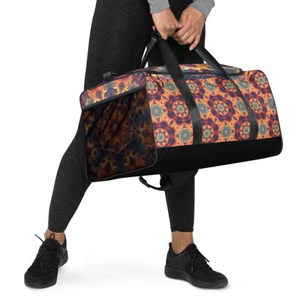 Another right-front view of the 'Aquatic Rays' duffle bag showing its psychedelic design.