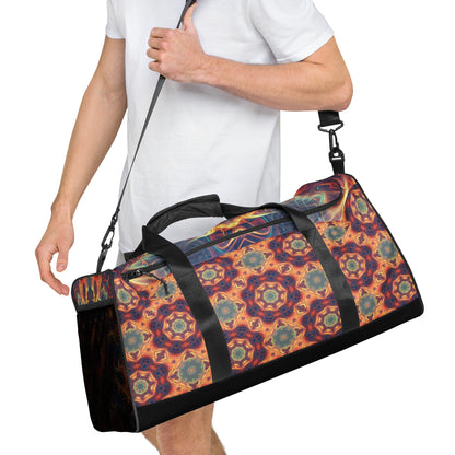 Right side front view of the 'Aquatic Rays' duffle bag highlighting the print pattern.