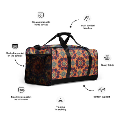 Front view of the 'Aquatic Rays' duffle bag from the right, showing its psychedelic print.