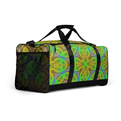 Right side front view of the 'Activation Initiated' duffle bag highlighting the print pattern.