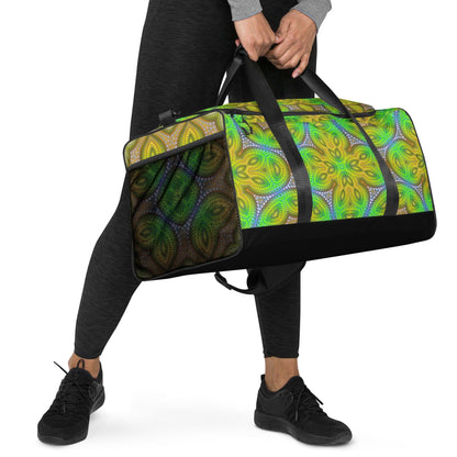 Right-angle front view of the 'Activation Initiated' duffle bag showing the all-over-print artwork.
