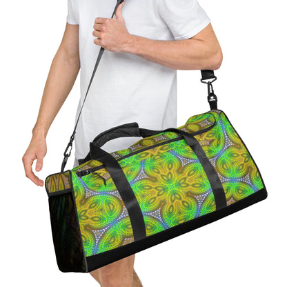 Another right-front view of the 'Activation Initiated' duffle bag showing its psychedelic design.
