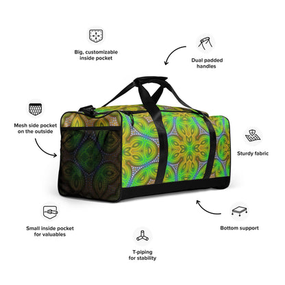 Front view of the 'Activation Initiated' duffle bag from the right, showing its psychedelic print.