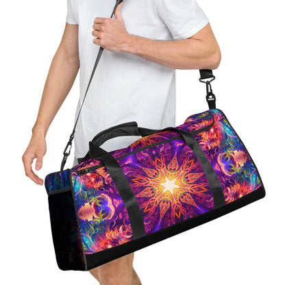 Three-quarter right-front view of the Sacred Circle duffle bag resting upright to show its shape.