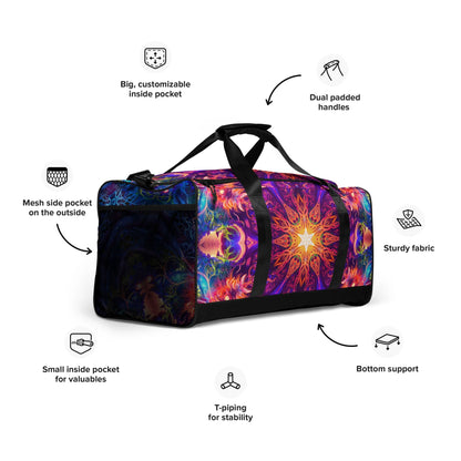 Angled front view of the Sacred Circle duffle bag with dual padded handles and the mandala print in full view.