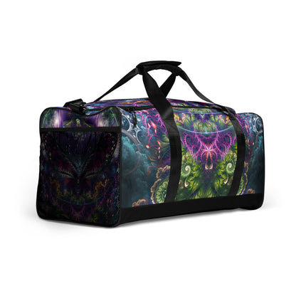 Front view from the right of the 'Emergence' duffle bag with psychedelic all-over-print artwork.