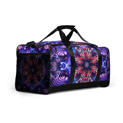 Right-front angled view of the 'Flow State' duffle bag showing its all-over-print artwork.