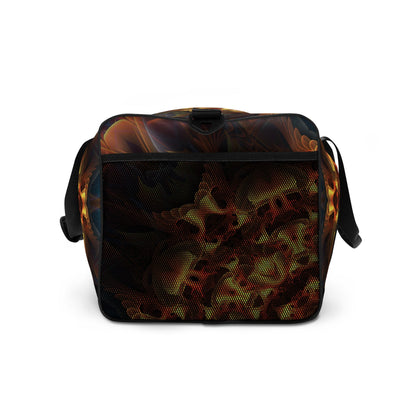 Side profile of the Totem Sun duffle bag showing the mesh side pocket on white fabric.