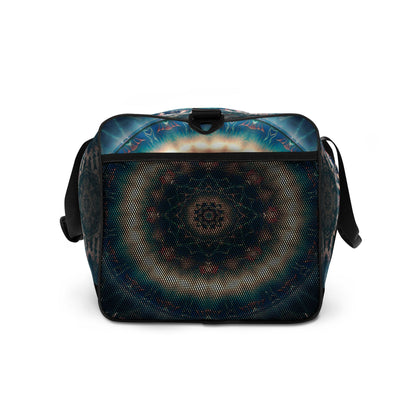 Right-side profile view of the Triple Goddess duffle bag showing its depth and side seam.