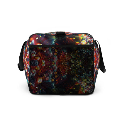 Side profile of the Kaleidobloom duffle bag, showing its depth and the T-piping along the seam.