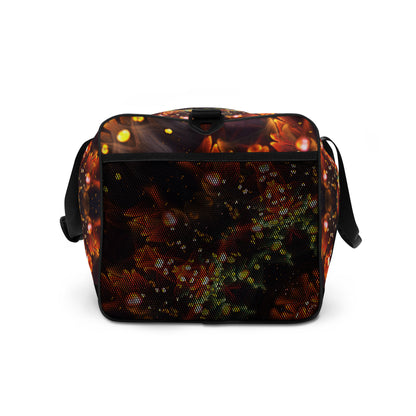 White duffle bag printed with the "Autumn Bloom" design, side view showing the mesh side pocket.