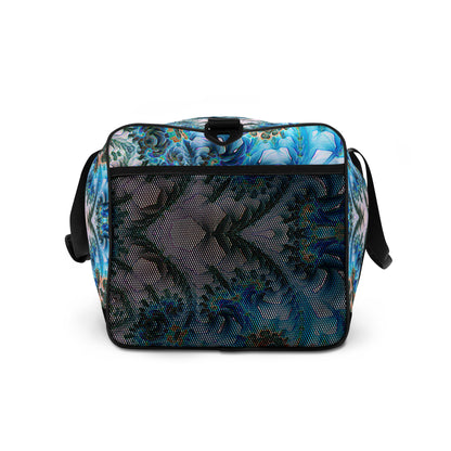 White duffle bag printed with the "Return to Purity" design, side view showing the mesh side pocket.